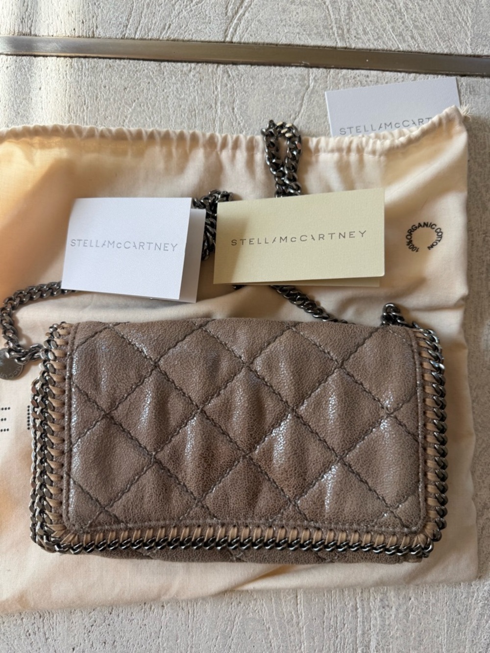 Stella McCartney Falabella Quilted Metallic Taupe Chain Crossbody